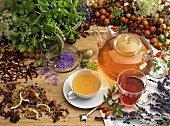 Herbal tea with ingredients on a wooden board