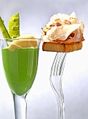 Avocado and pea puree with sweetcorn sorbet and toasted bread with bacon