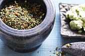 Dried herbs in a stone pot