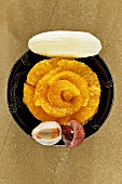 Orange tart with banana ice cream and lychees