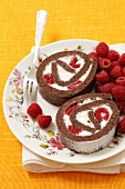 Chocolate rolls with Mascarpone cream and raspberries