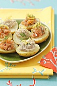 Stuffed potatoes with salmon salad and smoke mackerel paste
