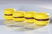 Vier gelbe Macarons mit Schokoladencreme