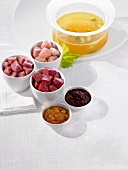 A meat fondue with stock and dips
