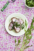 Slices of bread topped with radishes and chives