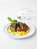 Scaloppa di cervo in crumble alle erbe (saddle of venison with herb crumble)