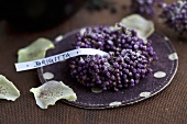 A wreath of beautyberries with sugar and a name tag
