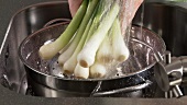 Washing and slicing spring onions