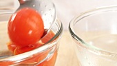 Tomatoes being removed from a bowl of hot water and placed into a bowl of cold water