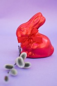 A red chocolate bunny and catkins