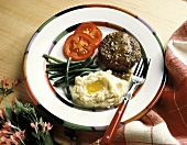Ground Beef Patty; Mashed Potatoes and Green Beans