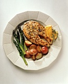 Salmon Steak with Red Potatoes and Asparagus