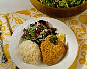 Paniertes Fischfilet mit Reis & gemischtem Blattsalat