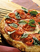 A Pizza with Tomato and Red Onion; Basil