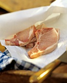 Pork Chops in Paper; Blue Checkered Dish Towel