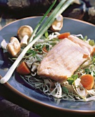 Salmon Over Rice Noodles and Vegetables