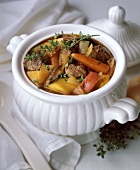 Beef Stew in a White Soup Tureen