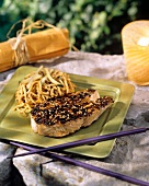 Salmon Steak with Sesame Seeds; Asian Noodles
