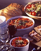 Gazpacho in Bowls with Wine and Bread