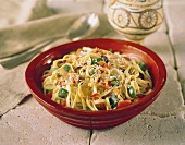 A Bowl of Fettucini with Tomatoes and Green Pepper