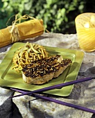 Sesame Blackened Salmon Steak with Asian Noodles
