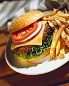 Cheeseburger with Tomato Lettuce and Onion; French Fries