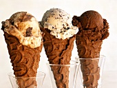 Three Ice Cream Cones: Vanilla Fudge, Chocolate Chip and Chocolate
