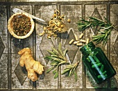 Still Life of Herbs and Teas with Ginkgo Biloba Capsules