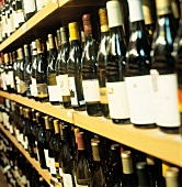Weinflaschen in Regalen einer Weinhandlung