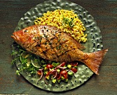 Whole Grilled Red Snapper with Yellow Rice and Avocado Salsa