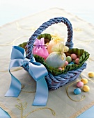 Easter Basket with Colorful Candies and Gift Bags