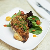 Glazed chicken leg with salad garnish