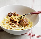 Spaghetti in a Bowl and Wrapped Around a Fork with Meatballs