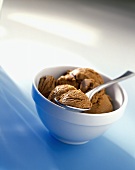 Chocolate ice cream in bowl with spoon