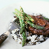 Glazed Sesame Chicken with Asparagus and Rice