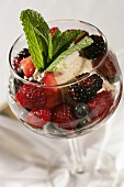 Ice cream with berries and mint leaf