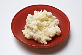 Mashed potato in red bowl
