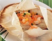 Scallops, Shrimp and Haddock with Carrots, Corn and Red Pepper in Parchment