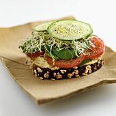 Wholemeal bread with hummus, sprouts, tomato and cucumber