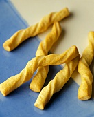 Cheese Twists on a Blue and White Platter