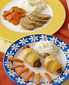 Pigs in a Blanket with Mashed Potato and Carrots (Kid's Meal) and Roast Pork with Mashed Potatoes and Carrots (Grown Up Meal)