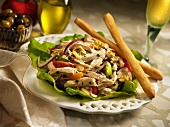 Chicken Salad with Breadsticks and White Wine