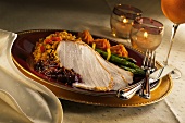 A Turkey Dinner with Stuffing, Asparagus and Cranberry Relish