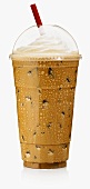 An Iced Mocha Latte in a Plastic Cup with Cover and Straw
