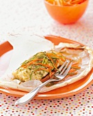 Roasted Halibut in Parchment Paper with Julienned Carrots and Zucchini