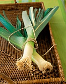 Two Leeks Tied with Twine in a Wicker Basket