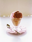 Chocolate and Strawberry Ice Cream in a Glass Ice Cream Dish