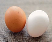 Two Eggs, One White and One Brown on Woven Fabric, Close Up
