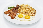 Fried Eggs with Bacon and Shredded Homefried Potatoes