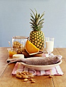 Health Food Still Life: Whole Sea Bass, Pineapple, Nuts, Cheese, Milk